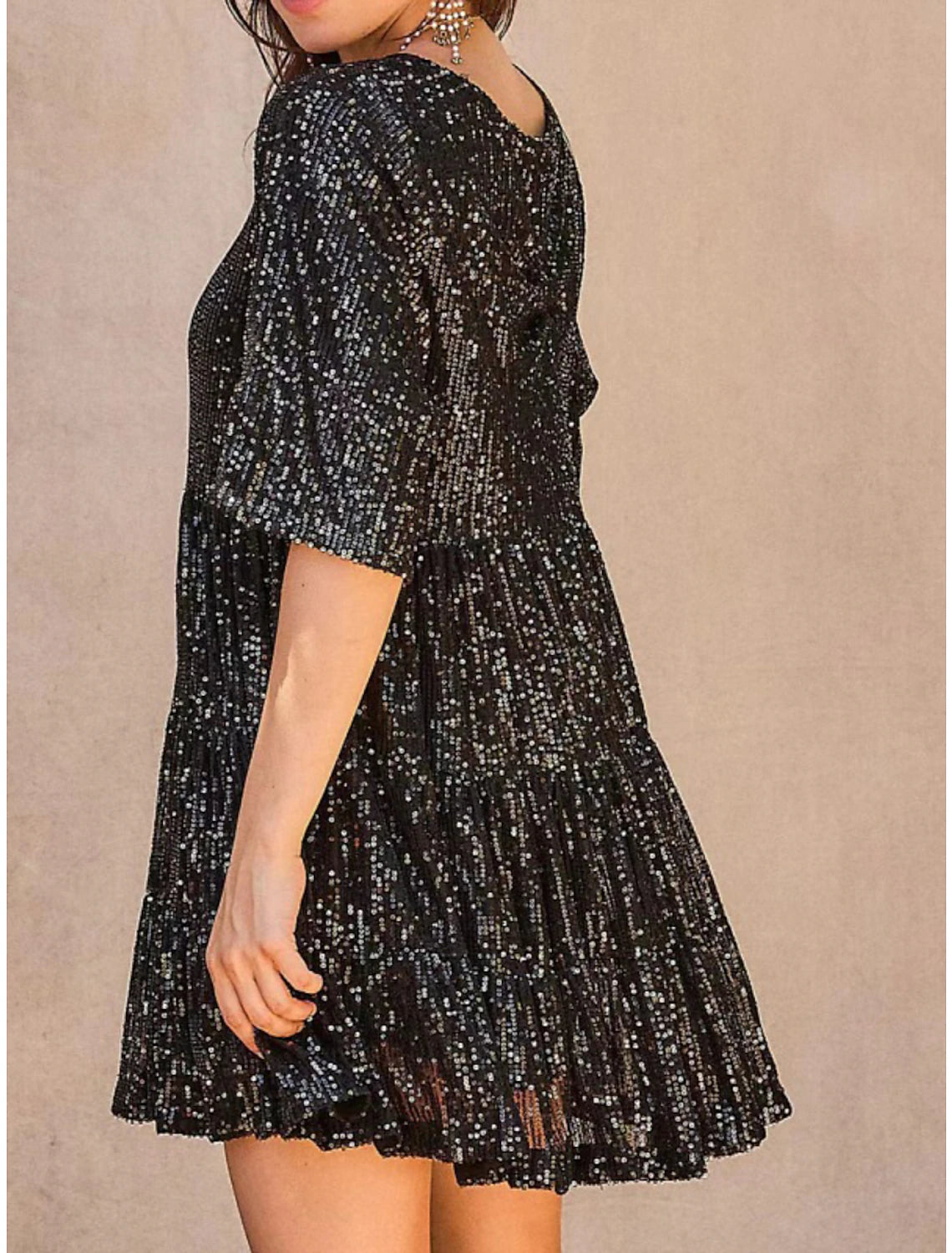 Abito da donna con paillettes argento, abito da festa, abito scintillante, abito da ballo, mini abito nero viola, manica corta, estate, primavera, autunno, scollo rotondo, abito estivo, vestibilità ampia